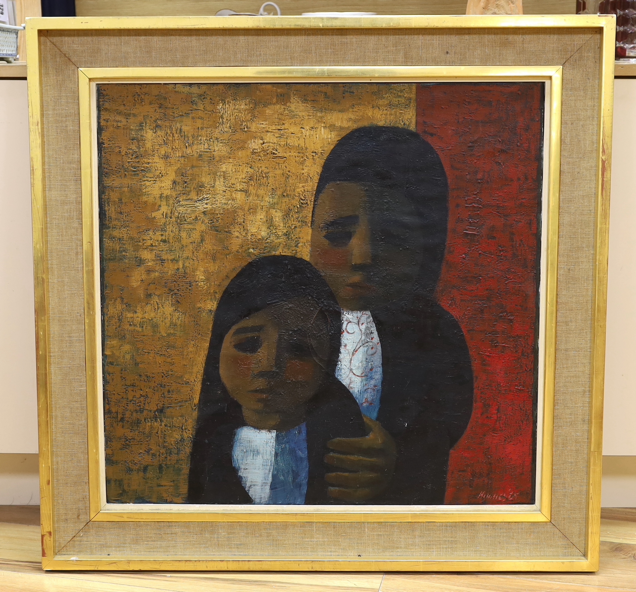 Jack Hughes (British, 20th Century), oil on canvas, 'Two children', signed with Trafford Gallery label verso, 70 x 72cm